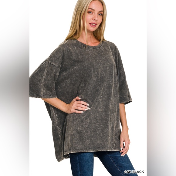 Zenana Outfitters Tops - Ash Black Acid Wash Cotton Drop Shoulder Boyfriend Box Tee